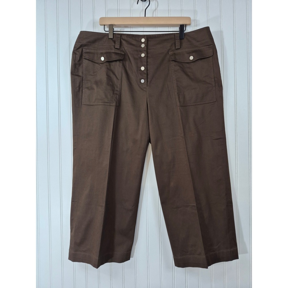 Calvin Klein 18W Brown Button Fly Wide Leg Crop Pants Stretch Utility 41x25